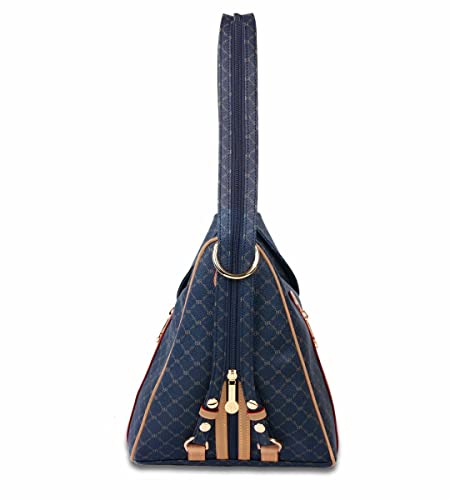 Rioni STA-20082 Designer Signature Navy Blue Canvas Leather Backpack With Zipper Strap2