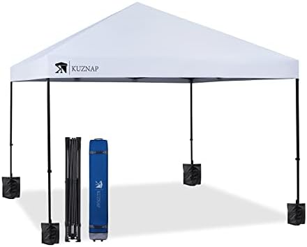 KUZNAP 12’x12’ Pop up Canopy Tent Patented EZ Set up Instant Outdoor Canopy with Wheeled Carry Bag Bonus 4 Weight Sandbags, 8 Stakes and 4 Ropes，White