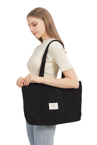 Image of TeeYee Women's Large Corduroy Tote Bag Zippered Shoulder Bag with Pockets | Strawberry Print Bag,Fits 15.6 inch Laptop,Wide Shoulder Straps,Large Capacity,Everyday Tote Bag,Multiple Pockets Design