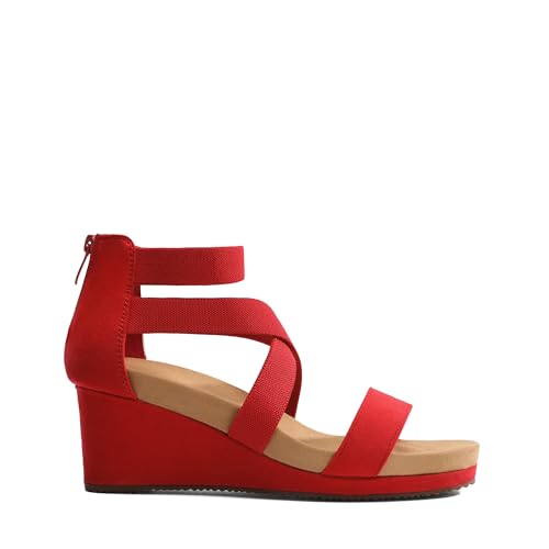 DREAM PAIRS DREAM PAIRS Womens Elastic Ankle Strap Open Toe Platform Wedge Sandals Comfortable Summer Shoes,Size 5,Red,NINI-3