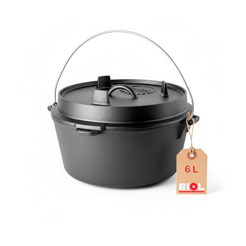 BIOL Dutch Oven 6 | 8,5 | 12 litres en fonte – Marmite brûlée avec lève-couvercle et couvercle à double fonction, pour l'extérieur et l'intérieur, noir (6 litres)