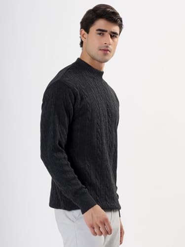 Image of Kvetoo Men's High Neck Cable Knit Sweater | Winter Pullover | Warm Wool Blend |Casual Full Sleeve Sweater for Men | Stylish Ribbed Neck Slim Fit Winterwear