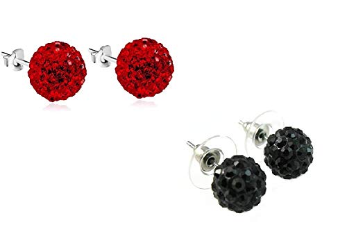 2 Pairs 8mm Red and Black Crystal Pave Disco Ball Stud Earrings