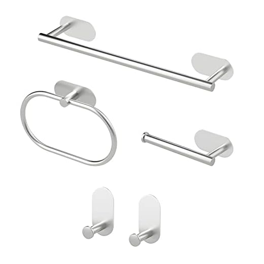 Sarsumir Toallero Baño Juego de Accesorios de baño de 5 Piezas - Toalleros de Baño Anillo de Toalla Portarrollos para Papel Higién (Plata)