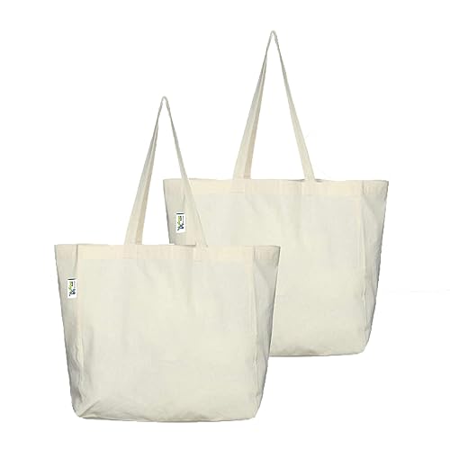 VantageKart Natural Cotton Plain Tote Shopping Bags with Cross Stitching | Heavy Duty, Washable, Eco Friendly Biodegradable Canvas Multipurpose Grocery Tote Bag - Set of 2