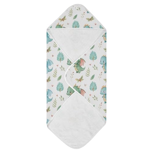 Image of Burbuja Cute Dragon Baby Bath Towel - Soft Absorbent Muslin Cotton Hooded Towel for Newborn Infant Toddler, 30x30 in