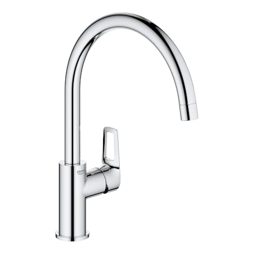 Image of Grohe Bauloop Single-Lever Sink Mixer Faucet 1 /2 inch | Deck Mounted Kitchen Sink Tap | Hot and Cold-Only Single Lever Faucet with 360 Swivel Spout | Chrome Finish | 10 Year Warranty | 31232001
