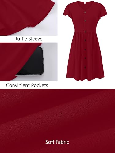 Image of Heymoments Women's Ruffle Sleeve V Neck Swing Sundress Summer Casual A-Line Midi Dress with Pockets S-2XL