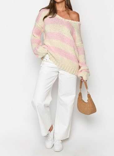 Image of Women Striped Chunky Knit Sweater Drop Shoulder Long Sleeve V-Neck Oversized Sweater Pullover Loose Knit Jumper Top