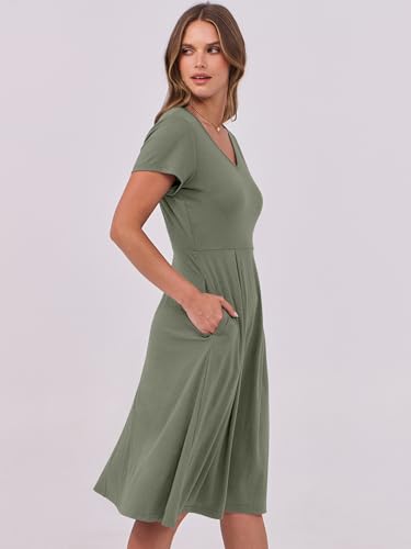 Image of ANRABESS Women Summer Dress Casual Short Sleeve V Neck A-Line Knee Length Pleated Flowy 2026 Fashion Midi Dresses with Pocket