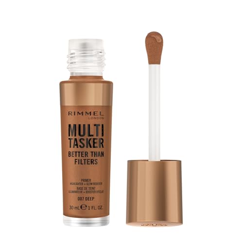 Rimmel Multi-Tasker Better Than Filters, 007 Deep, Face Primer, Glow Booster and Highlighter, Vegan Formula, Anti-Ageing Benefits, Light-Reflecting Pigments, Giant Soft-Touch Wand, 1oz
