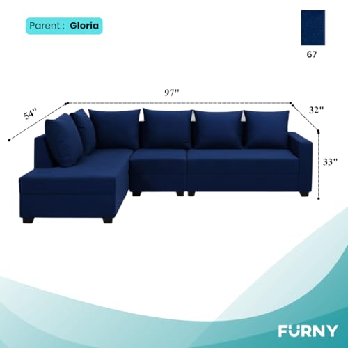 Image of FURNY Gloria 6 Seater Fabric LHS L Shape Sofa Set (Dark Blue) Premium Velvet Finish | Durable Comfort | Ideal for Living Room