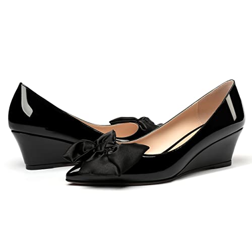 WAYDERNS Women's Patent Pointed Toe Slip On Bow Decoration Wedge Low Heel Pumps Shoes 2 Inch3