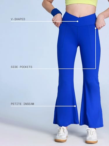 Image of CAVA Petite Hourglass Flared Leggings for Women | V Waistband, Anti Camel Toe Design, Petite Fit, Flared Bottoms, Deep Pockets, Sculpting Stretch Fabric
