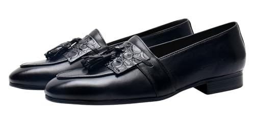 Santimon Men's Genuine Leather Tassel Loafers - Slip-On Dress Shoes for Casual, Business, Wedding & Prom - Modern Penny Loafers for Suits & Tuxedos