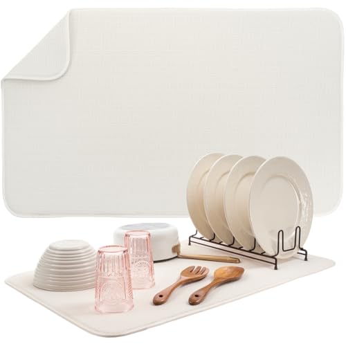 Image of S&T INC. Dish Drying Mat Jumbo, 18 inch x 30 inch, Absorbent Microfiber Kitchen Counter Mat, Dish Drying Pad for Dishes, Utensils, Pots and Pans, Jumbo, Cream