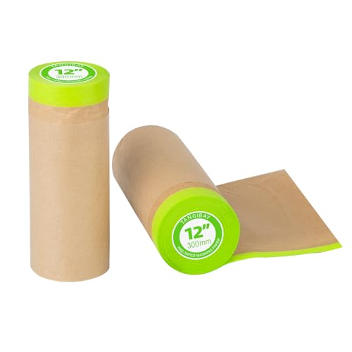 Image of Tangibay Pre-Taped Masking Paper for Painting - 12 inch x 50 feet Tape and Drape Painters Paper, Paint Adhesive Protective Paper Roll for Covering Skirting, Frames, Cars and Auto Body (2 Rolls)