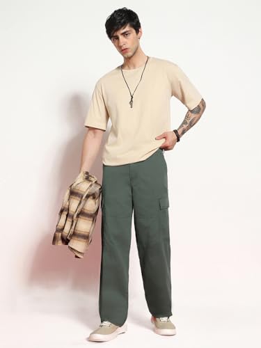 Image of Urbano Fashion Men's Loose Baggy Fit Solid Cargo Chino Trouser Pant with 6 Pockets Non-Stretchable