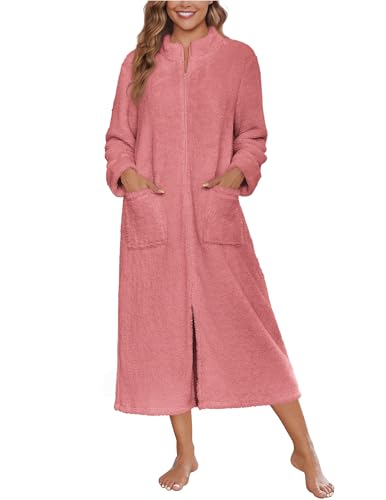Image of Ekouaer Women Zipper Robe Fleece Long Sleeves Bathrobe Sleepwear Warm Soft Housecoat with Pockets Zip Up House Dresses