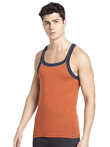 Image of Jockey US54 Men's Super Combed Cotton Rib Square Neckline Gym Vest with Back Panel Graphic Print (Shoulder Starp Color May Vary)