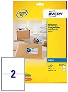 Avery Self Adhesive Parcel Shipping Labels, Inkjet Printers, 2 Labels Per A4 Sheet, 50 labels, QuickDRY (8168), white