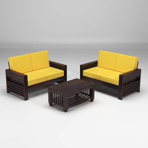 Image of Sheesham Wooden 4 Seater Sofa for Living Room | Rosewood 4 Seater Cushion Sofa with Side Teapoy for Home & Office | Solid Wood Sofa Set for Lounge (Walnut,Grey,2+2 Seater)