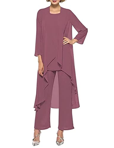 3 PCS Mother of The Bride Dresses Pant Suits with Jacket Long Sleeve Chiffon Formal Dresses for Women