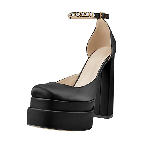 Onlymaker Platform Chunky Heels for Women Square Toe Rhinestone Ankle Strap Satin Pumps Heels