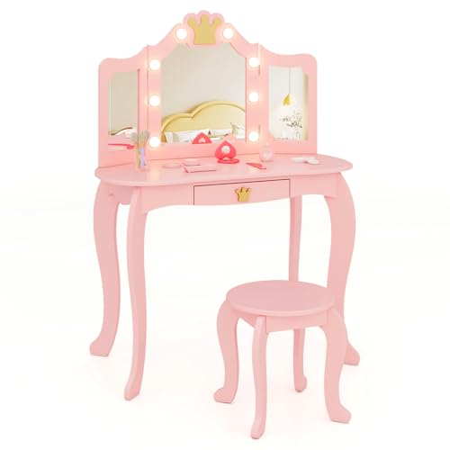 HONEY JOY Kids Vanity with Lights, Crown Girls Vanity Set with Mirror and Stool and Lights, Toddler Vanity, Wooden Makeup Table for Little Girls, Pretend Play Kids Vanity Table and Chair Set(Pink)