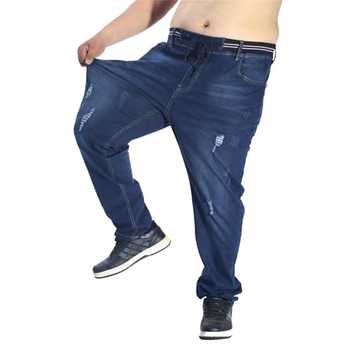 Men Extra Large Size Jeans Stretch Waist High Elastic Jeans Designer Drawstring Straight Denim Pants Mens Casual Trousers,Light Blue,3XL
