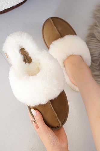 Image of Project Cloud Genuine Leather Slippers for Women with Genuine Fur Lining, Non-Slip Indoor /Outdoor Clog Mule Slippers, Memory Foam Insole