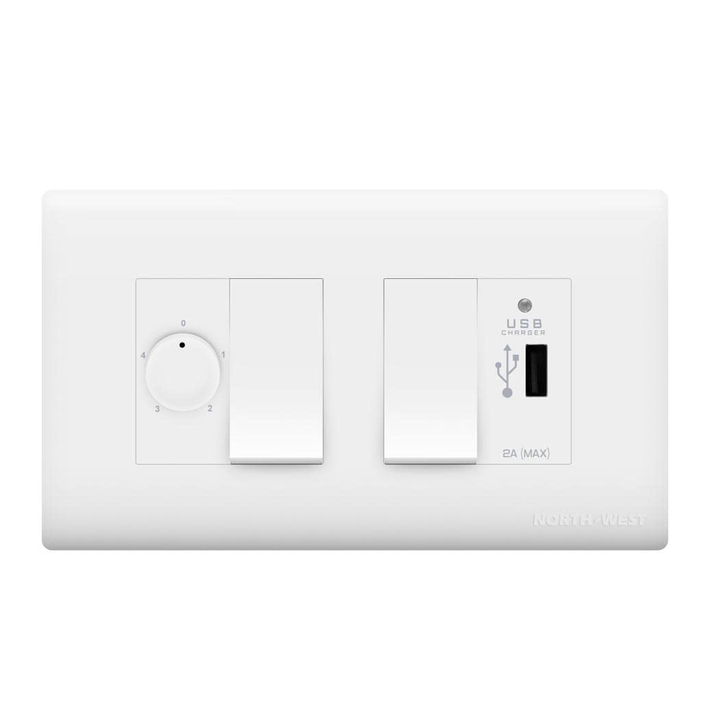 Wipro Northwest (Nowa) Switch Combo of 4M Plate + 1M 6A Switch x2 + USB Charger + 4 Step Fan Regulator, White (Kit 10)-image-38