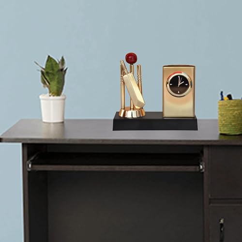 Saugat Traders Corporate Gifts for Clients Metal Cricket Pen Stand With Analog Watch Unique Gift Pack of 3 - Diwali - New Year Gift for Clients - Cricket Tournament