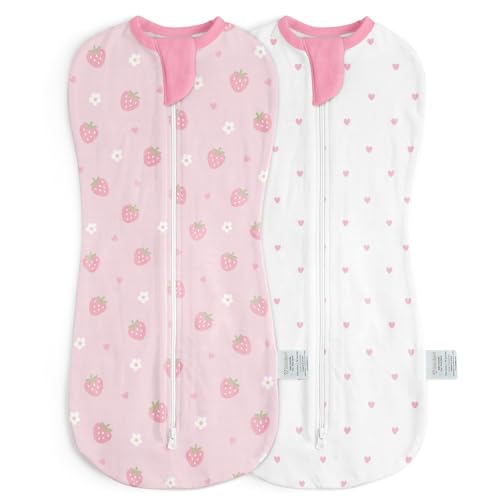 Image of Baby Swaddle 0-2 Months, Cotton Arm-In Zipper Sleep Sack, Wearable Blankets Wrap for Newborn Infant Girls (Strawberry, Heart, Pack of 2)