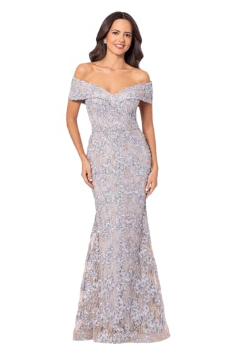 Image of Xscape Women's Petite Off The Shoulder Sequin & Lace Overlay Evening Gown with Sweetheart Neckline, Sheath Formal Dress, Gold /Silver, 16P