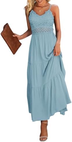 Dokuritu Women's Beach Crochet Lace Maxi Dress Solid Color Summer Vacation Spaghetti Strap Long Dress 2026