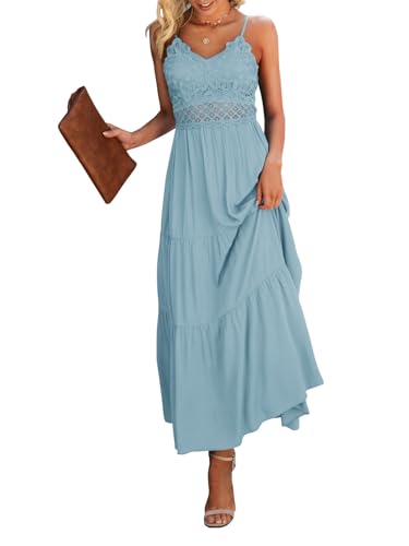 Dokuritu Women's Beach Crochet Lace Maxi Dress Solid Color Summer Vacation Spaghetti Strap Long Dress 2025