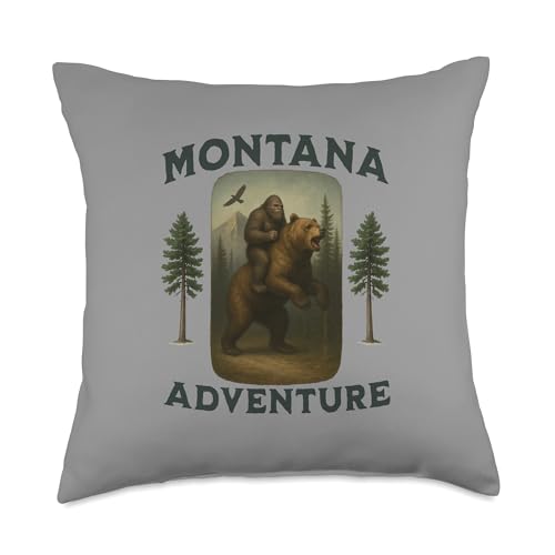 Montana Bigfoot Riding a Grizzly Bear, Funny Sasquatch Throw Pillow