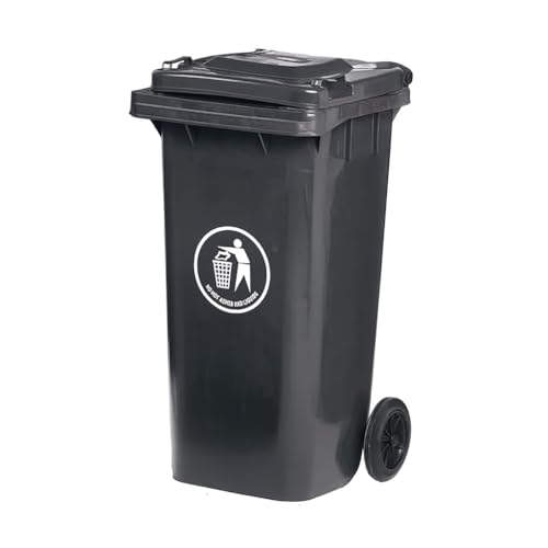 DUAS Outdoor Wheelie Bin Trash Can Large 100L & 120L EN840 Certified Rubbish Waste Dustbin with Lid Rubber Wheels and Steel Axle Durable for Home Workplace and Commercial Use (Black 100L)