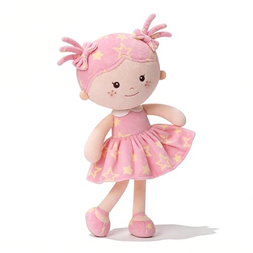 Image of Onetoo First Baby Doll Plush Baby Girls Dolls Rag Doll Soft Baby Doll for Girls Sleeping Cuddle Buddy Doll Wear Star Pink Sleeveless Dress 14"