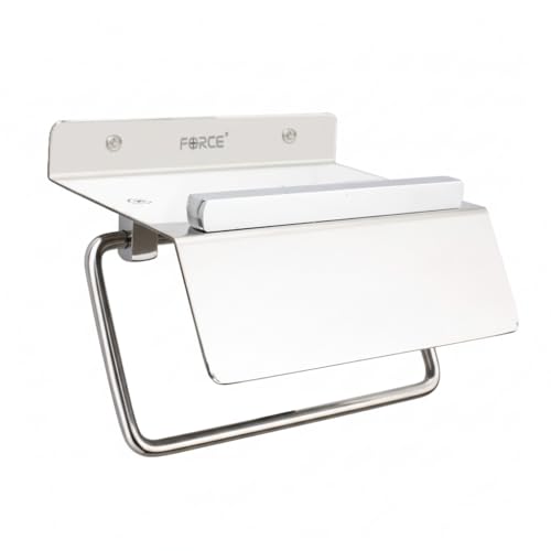 Image of Force Toilet Paper Roll Holder with Mobile Stand | Stainless Steel Wall-Mounted Toilet Tissue Roll Holder with Shelf | Bathroom Storage| Rust-Resistant, Durable & Modern Design