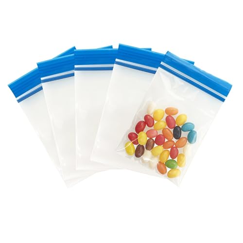 FERENLI 100 Pack Resealable Clear Food Storage Bags with Color Top Seal Thick Plastic Poly Bag with Zipper for Dry Food Snacks Organization (Blue, 3.15x4.72 inch (8x12 cm))