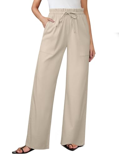Ab-Eleven Womens Linen Wide Leg Pants, High Waisted Flowy Palazzo With Pockets Summer Drawstring Trousers Beach Travel Work Khaki