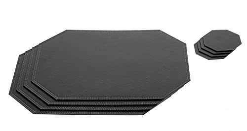Nikalaz Black Octagon Set Of Small Placemats And Glass Coasters, 4 Table Mats And 4 Coasters, Place Mats 15.75'' X 11.81'' And Coasters 3.94'' X 3.94'', Recycled Leather (Black ) #TOP1