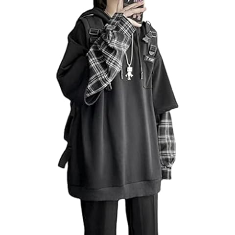 YUESUO Emo Streetwear Vintage Hoodie Women Men Oversized Sweatshirt Punk Patchwork Pullovers Grunge Plaid Hoodie Clothes (Black,2XL,US) Cover