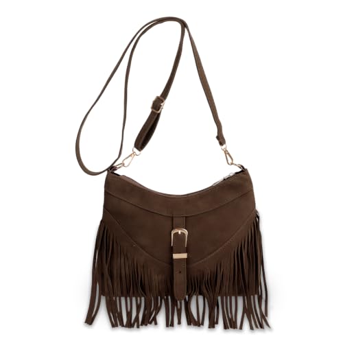 Zyronn Damen Fransen Tasche, Dunkelbraun Vintage Schultertasche Western Fransen Umhängetasche Crossbody Tasche Pu Leder Kleine Umhängetasche Damen Arbeit Shopper Reise Tote Beutel