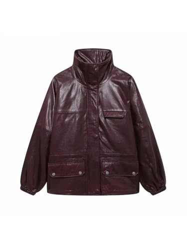 Woman Faux Leather Jackets Long Sleeve Press Button Coat Women Streetwear Casual Outerwear2