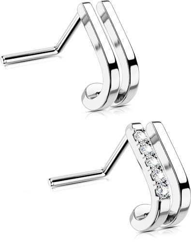 OUFER 2PCS 20G Nose Studs for Women and Men, L-Shaped Stainless Steel Nose Rings with Clear CZ, Double Rows or Cross Design, Nostril Piercing Jewelry