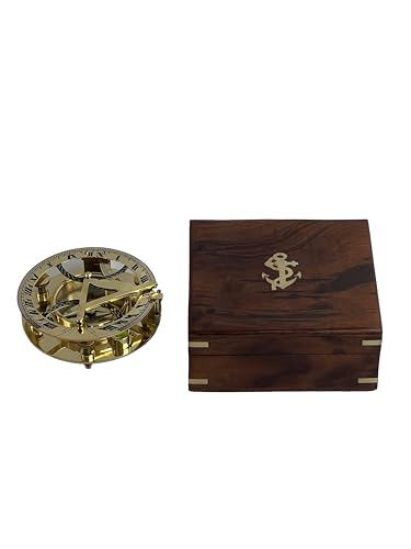 Brass Nautical - Brújula y Reloj Solar Antigua de Latón en Caja de Madera | Reloj Solar Náutico Vintage miniatura 3