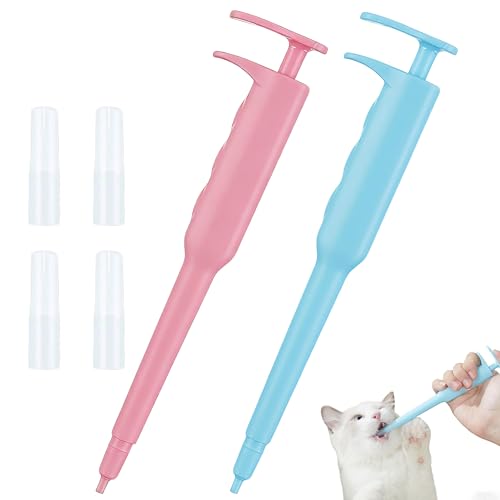 2PCS Cat Pill Popper with Ergonomic Design Multi-Use Cat Tablet Dispensers and Pet Pill Dispenser for Cats Dogs Small Animals Refillable and Easy-to-Use Medicine Feeding Tool Pink and Blue